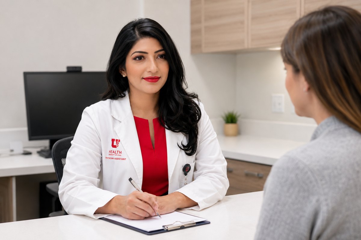 Zobia Zafar, PA-C, reviewing a care plan with a seated patient