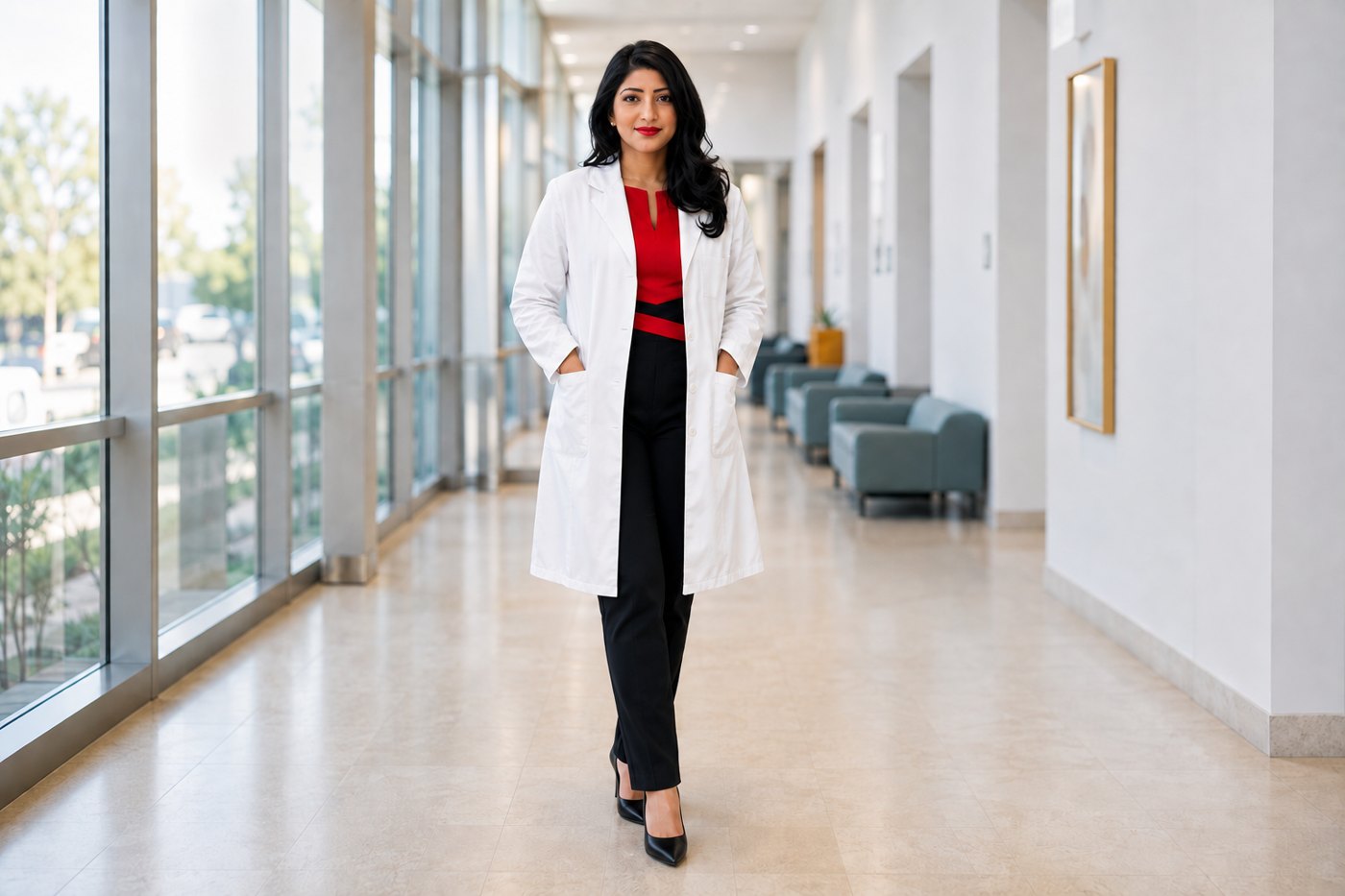 Zobia Zafar, PA-C, in a bright clinic hallway in Laveen, Arizona